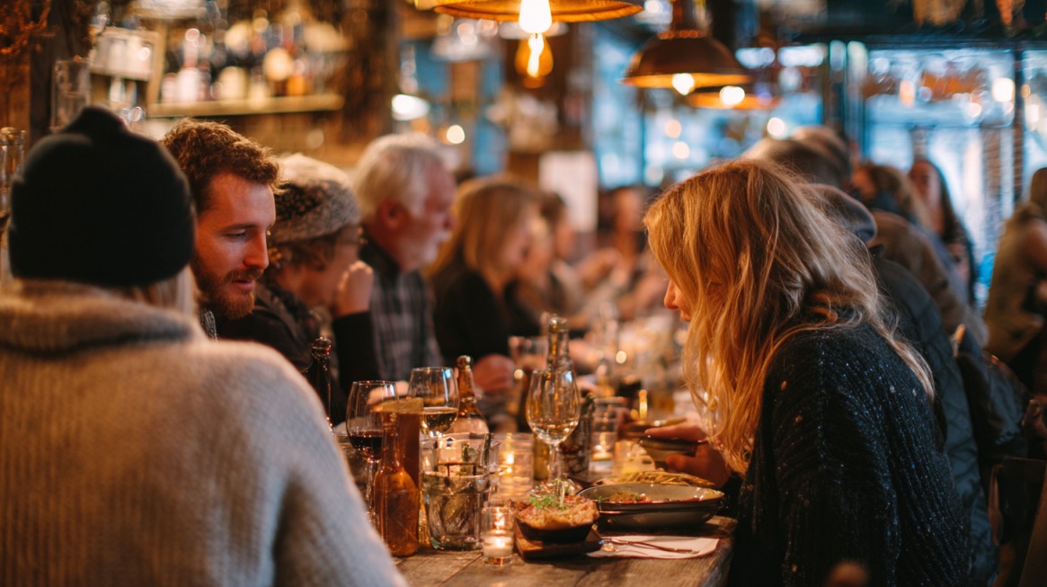 Grupa ljudi sedi za dugim stolom u restoranu uz hranu i piće