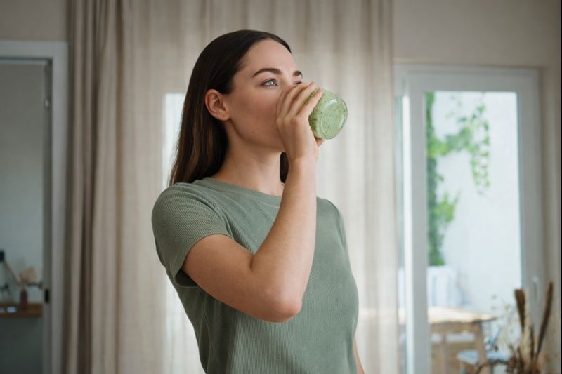 Žena pije zeleni jutarnji tonik za detoks jetre u svetlom enterijeru