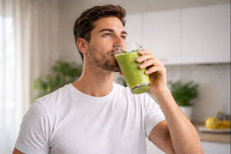 Muškarac pije zeleni napitak od ananasa i peršuna u svetloj kuhinji