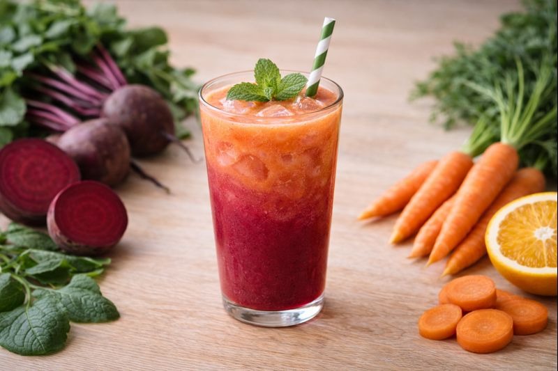 Čaša soka od cvekle i šargarepe okružena svežim povrćem na kuhinjskoj površini